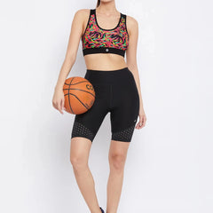 Black & Pink Abstract Printed Lightly Padded Workout Bra Athlisis Sports