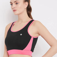 Black & Pink Colourblocked Non-Wired Lightly Padded Sports Bra Athlisis Sports