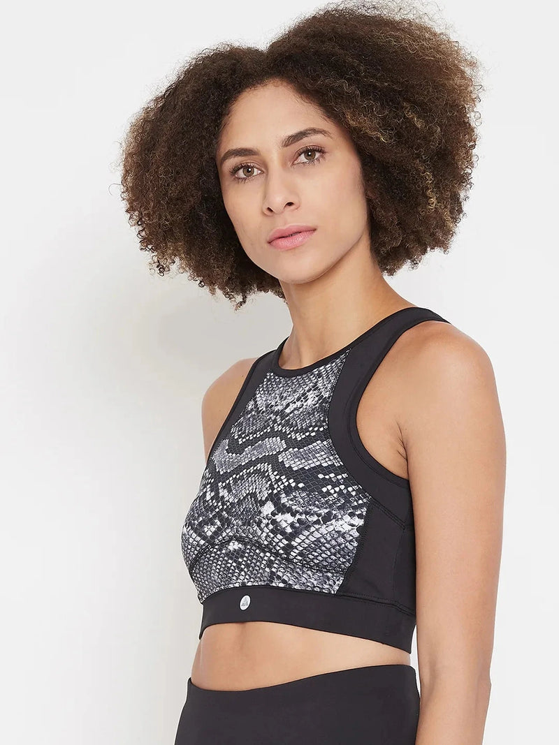 Black & White Reptilian Print Non-Wired Lightly Padded Sports Bra Athlisis Sports