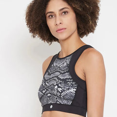 Black & White Reptilian Print Non-Wired Lightly Padded Sports Bra Athlisis Sports