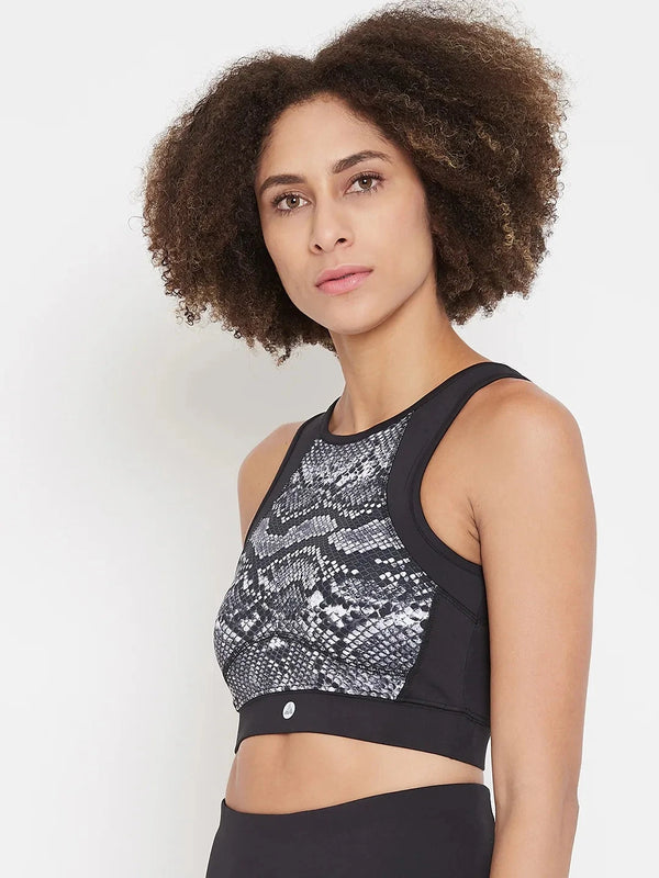 Black & White Reptilian Print Non-Wired Lightly Padded Sports Bra Athlisis Sports