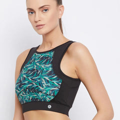 Women Black & Blue Printed Non-Wired Lightly Padded Workout Bra Athlisis Sports