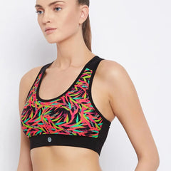 Black & Pink Abstract Printed Lightly Padded Workout Bra Athlisis Sports