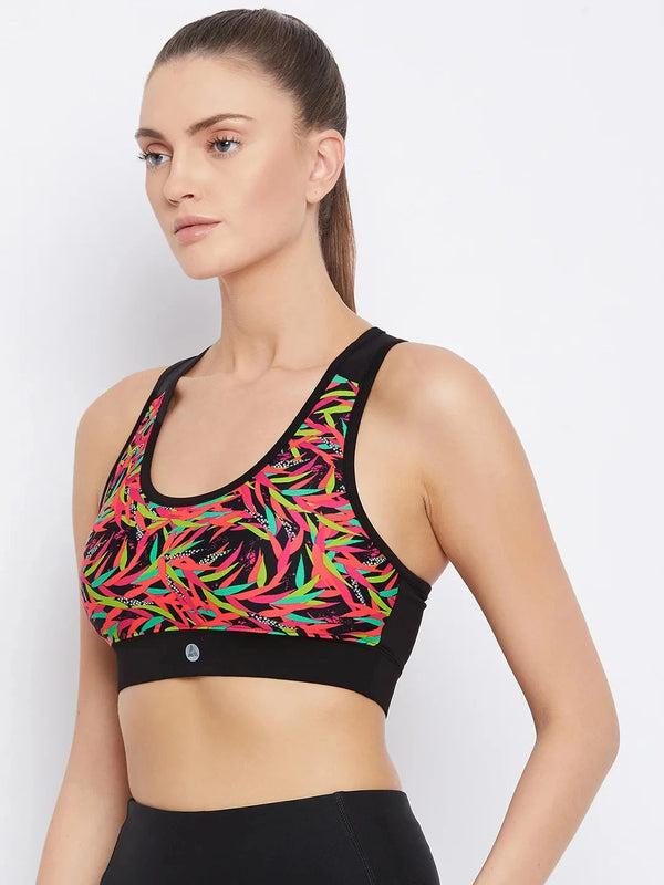 Black & Pink Abstract Printed Lightly Padded Workout Bra Athlisis Sports