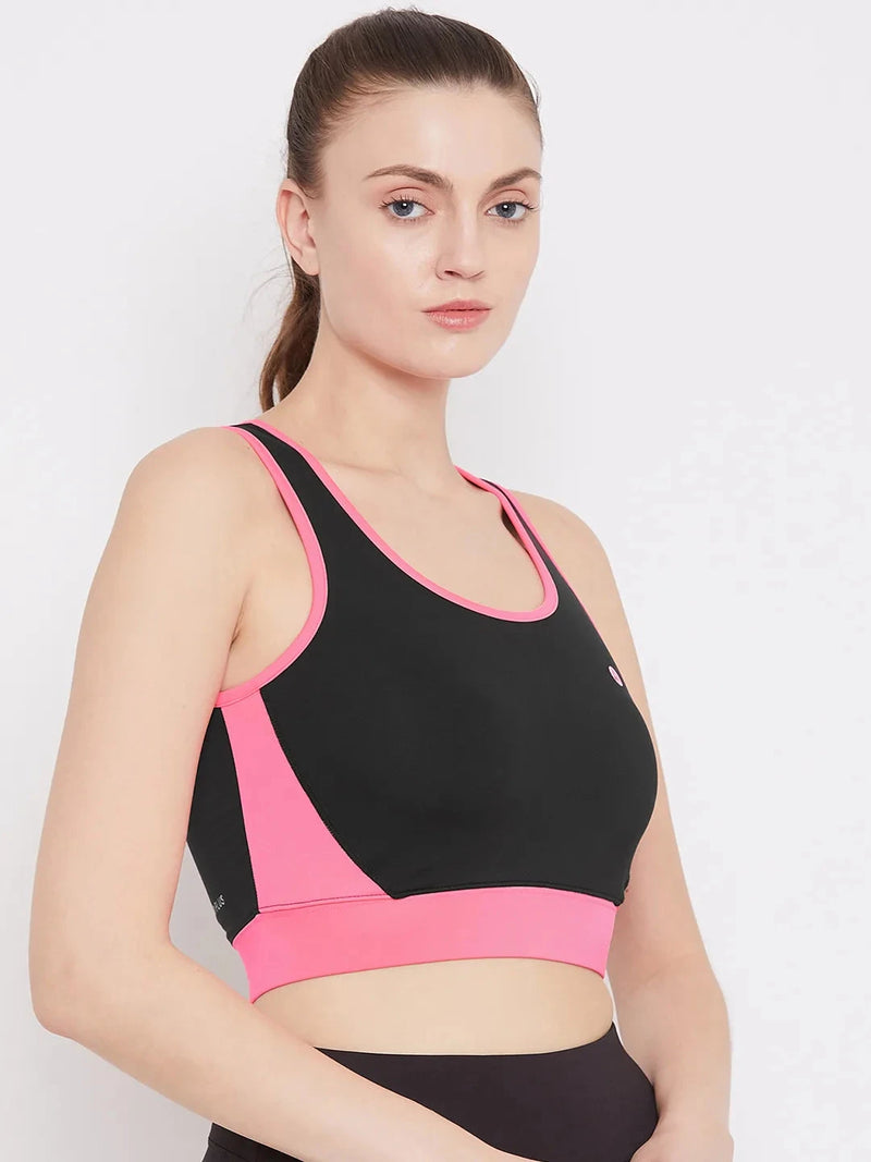 Black & Pink Colourblocked Non-Wired Lightly Padded Sports Bra Athlisis Sports