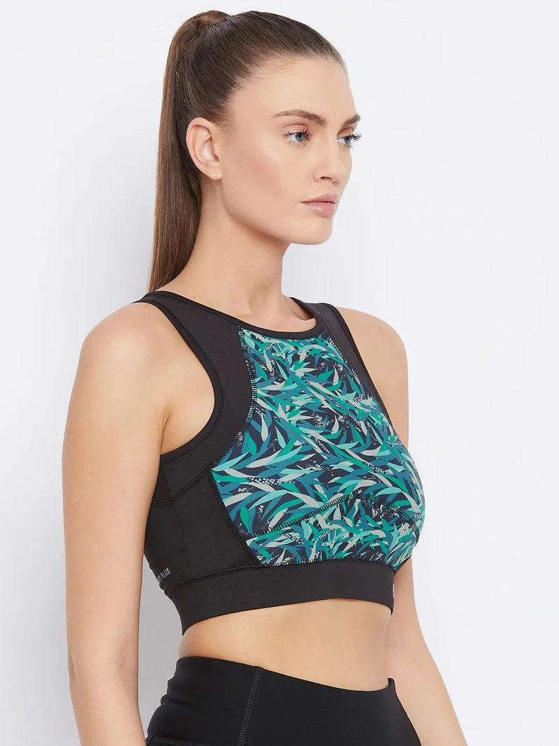 Women Black & Blue Printed Non-Wired Lightly Padded Workout Bra Athlisis Sports