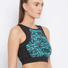 Women Black & Blue Printed Non-Wired Lightly Padded Workout Bra Athlisis Sports