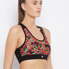 Black & Pink Abstract Printed Lightly Padded Workout Bra Athlisis Sports