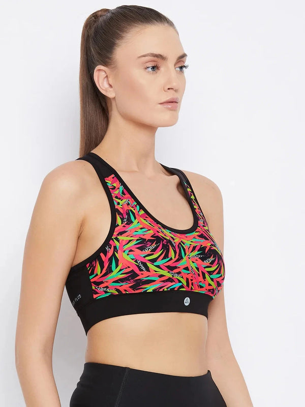 Black & Pink Abstract Printed Lightly Padded Workout Bra Athlisis Sports