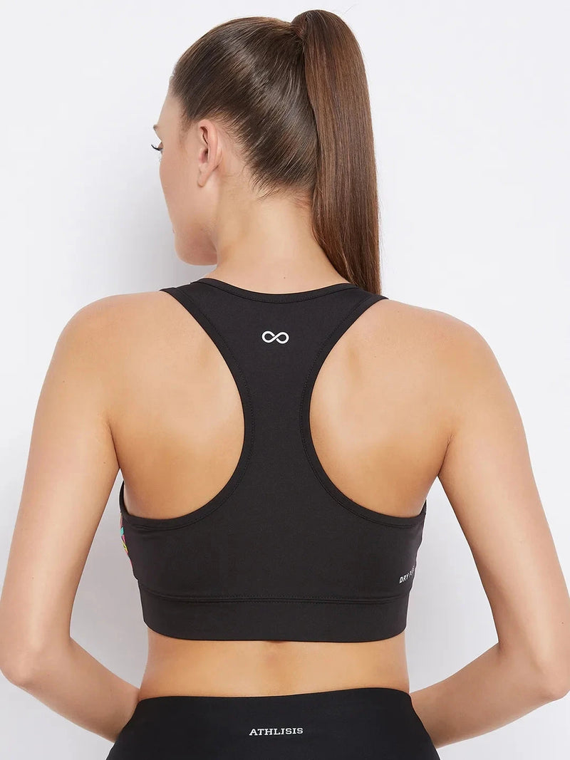 Black & Pink Abstract Printed Lightly Padded Workout Bra Athlisis Sports