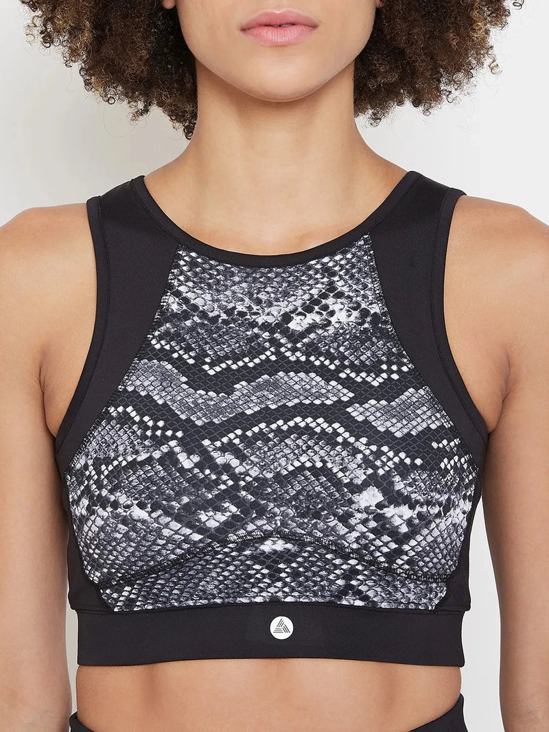 Black & White Reptilian Print Non-Wired Lightly Padded Sports Bra Athlisis Sports