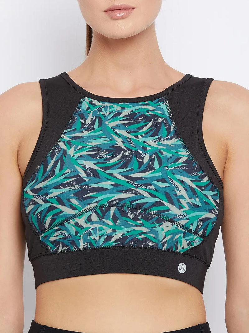 Women Black & Blue Printed Non-Wired Lightly Padded Workout Bra Athlisis Sports