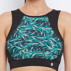 Women Black & Blue Printed Non-Wired Lightly Padded Workout Bra Athlisis Sports