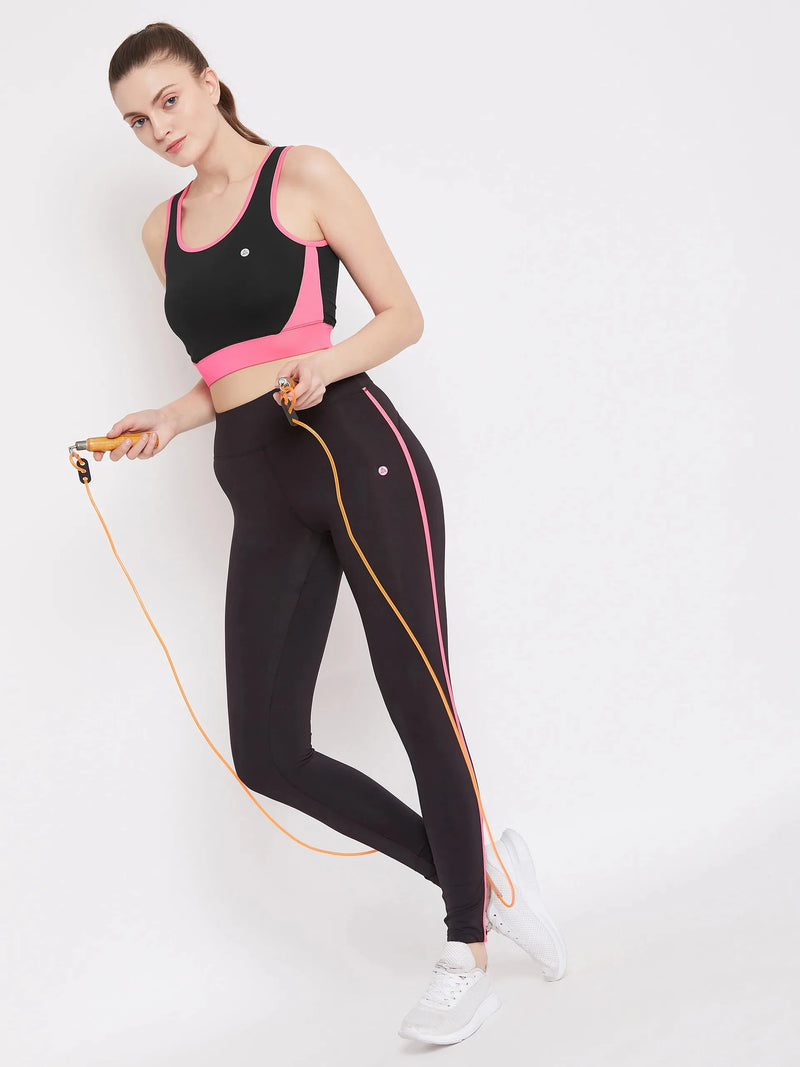 Black & Pink Colourblocked Non-Wired Lightly Padded Sports Bra Athlisis Sports